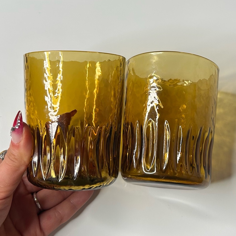 Vintage Amber Glass Tumblers Set of 2 Retro 1970s Textured Drinking Glasses